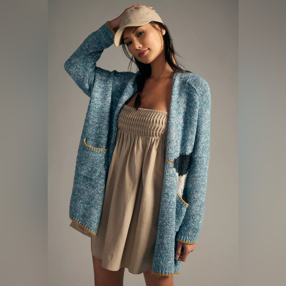 RARE Anthropologie Viral Blue Narwhal Knit Cardigan Sweater M/L - Picture 3 of 8